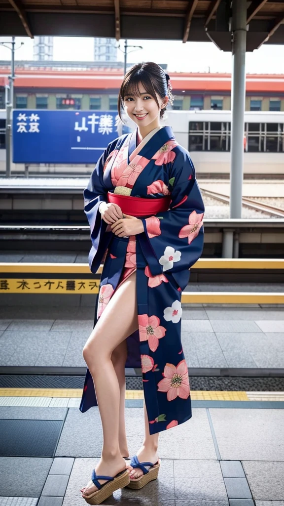 (Japanese Kimono、kimono、yukata:1.3)、(Whole body shot:1.24))、(RAW Photos、Photorealistic:1.4)、One girl、Beautiful girls、21-year-old female college student、Very detailed目と顔、Beautifully detailed dark brown eyes、Ultra-detailed、((High resolution、Highest quality、masterpiece、Very detailed、8K))、Outdoors、Japan woman at 21 years old、Medium breast、8-body style、(On the station platform、Railway stations in Japan、bullet train:1.37)、smile、Open your mouth、Cute atmosphere、Wearing sandals、Perfect proportions、Direct your gaze this way、Smiling Kindly、Summer evening、Short Hair、Light Brown Hair、Nice atmosphere、Summer 1999