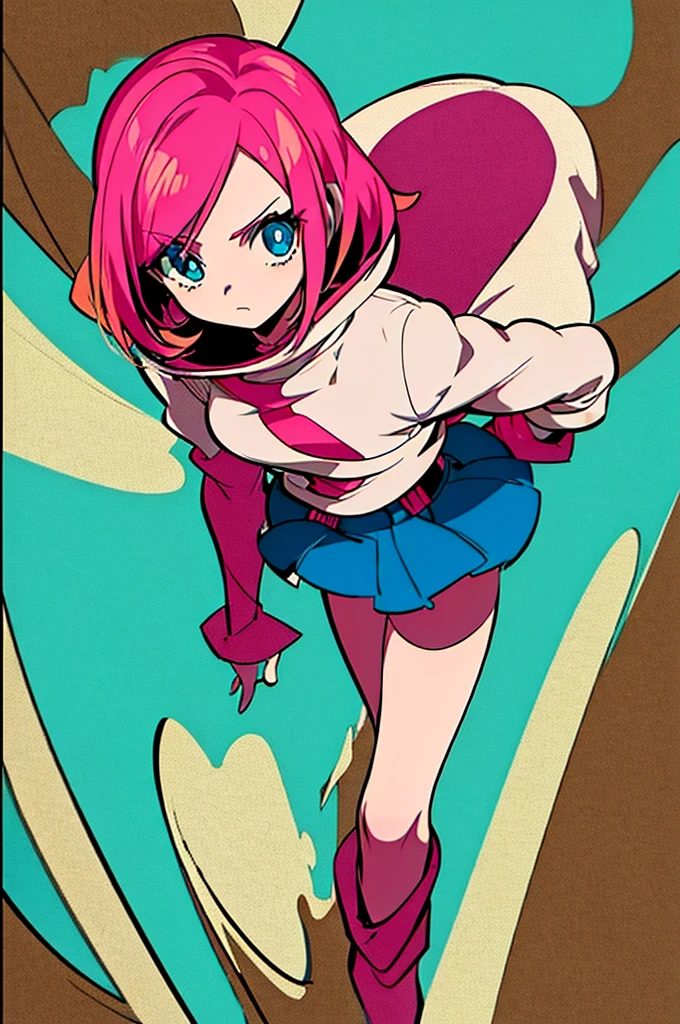 13 year old girl Anime Shonen Style Design,retro clothes, bizarre creative design, short bright pink hair, blue sky eyes,  shonen style outfit