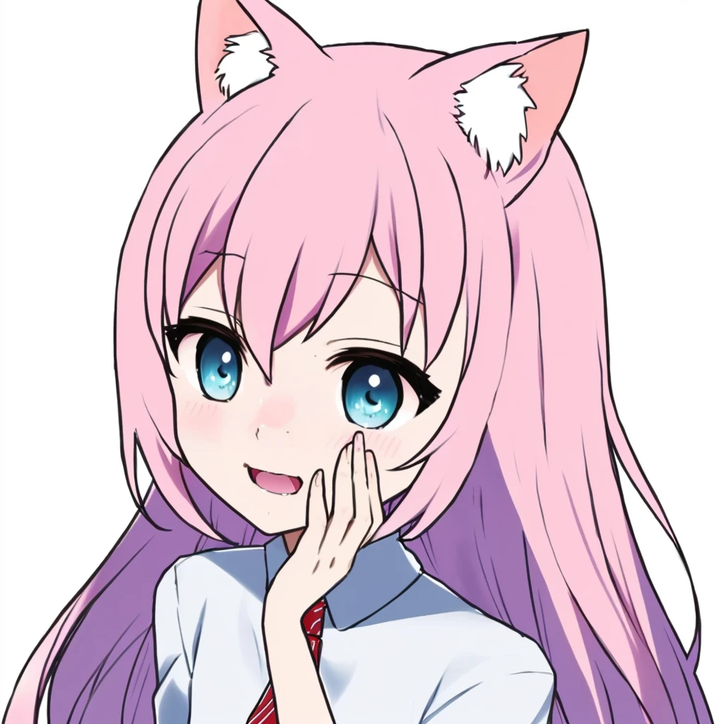 cute anime girl with pink hair and blue eyes wearing a white shirt and red tie, with random backround, cute anime catgirl, anime catgirl, anime moe artstyle, nyaruko-san, anime girl with cat ears, holo is a wolf girl, beautiful anime catgirl, nekomimi, very beautiful anime cat girl, anime cat, in an anime style, anime style portrait, cute anime catgirl, white cat girl, holo if a wolf girl, pink twintail hair and cyan eyes, beautiful anime catgirl, nekomimi, nyaruko-san, (anime girl),best quality 