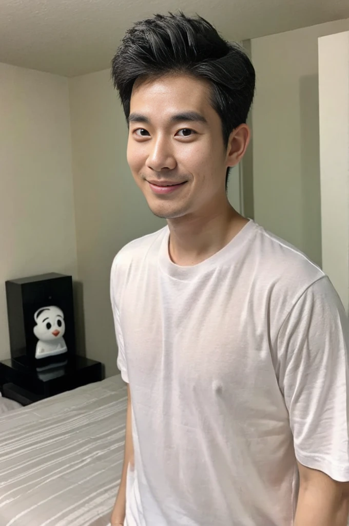 Korean man, Inspiration from Peng Yuyan, 30 years old, 236 years old, Cute Korean Face, 35 yo, 33 year old Korean muscular man,The bedroom is at the back. white t-shirt, open mouth smile