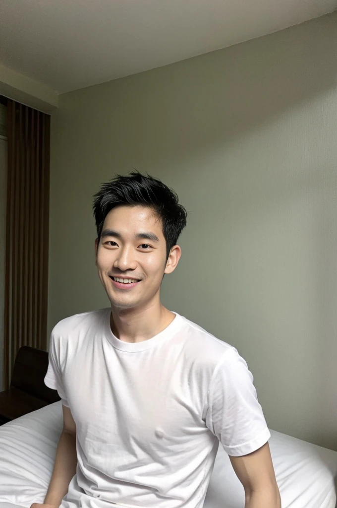 Korean man, Inspiration from Peng Yuyan, 30 years old, 236 years old, Cute Korean Face, 35 yo, 33 year old Korean muscular man,The bedroom is at the back. white t-shirt, open mouth smile