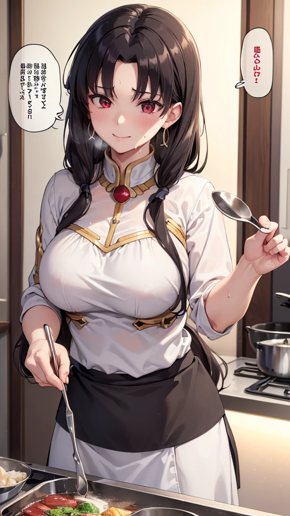 (Mature Woman:1.5), (mother:1.5), Ishtar, Fate Grand Order, (absurderes, 8K, 4K, masutepiece, hyper extreme detailed:1.2), Best Quality, Perfect Anatomy,Perfect face,Facing forward,High humidity, (alone:1.2), (Sweaty:1.3), shortness of breath, High humidity, humid, (Black Hair:1.1), Red eyes, Looking into the camera, (Very large breasts:1.5), Light clothing, apron, (kitchen;1.1), (Having a conversation:1.5), (Speech bubble:1.2), A kind smile, relief, peace of mind, mother性, Cooking, have a ladle, pot, pot-au-feu