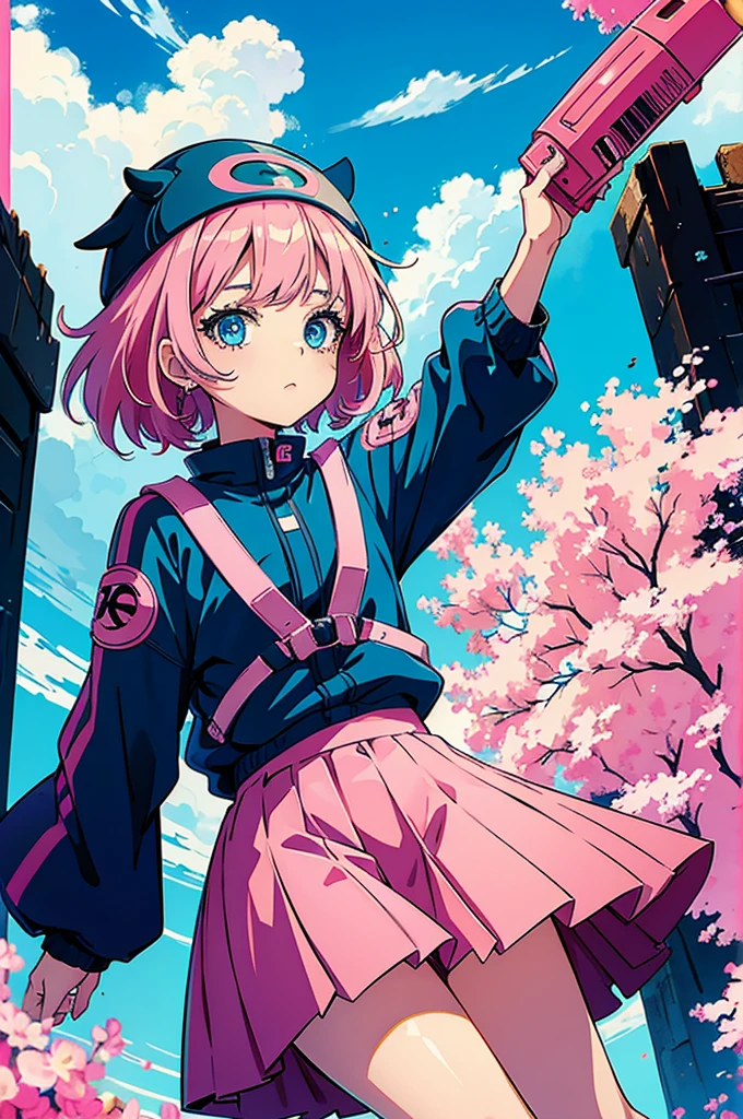 girl Anime Shonen Style Design,retro clothes, bizarre creative design, short bright pink hair, blue sky eyes, shonen style outfit