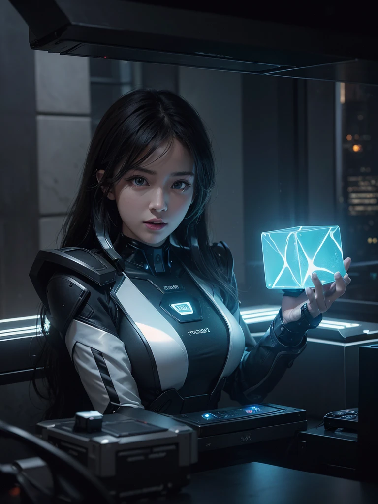 a futuristic light shining on a table, dramatic cinematic lighting, volumetric futuristic lighting, solid cube of light, oled lights in corners, vaporwave lighting, optical caustic lighting, tesseract, light coming from crt monitor, best quality, 4k, 8k, highres, masterpiece:1.2, ultra-detailed, realistic, photorealistic, photo-realistic:1.37, HDR, UHD, studio lighting, ultra-fine painting, sharp focus, physically-based rendering, extreme detail description, professional, vivid colors, bokeh