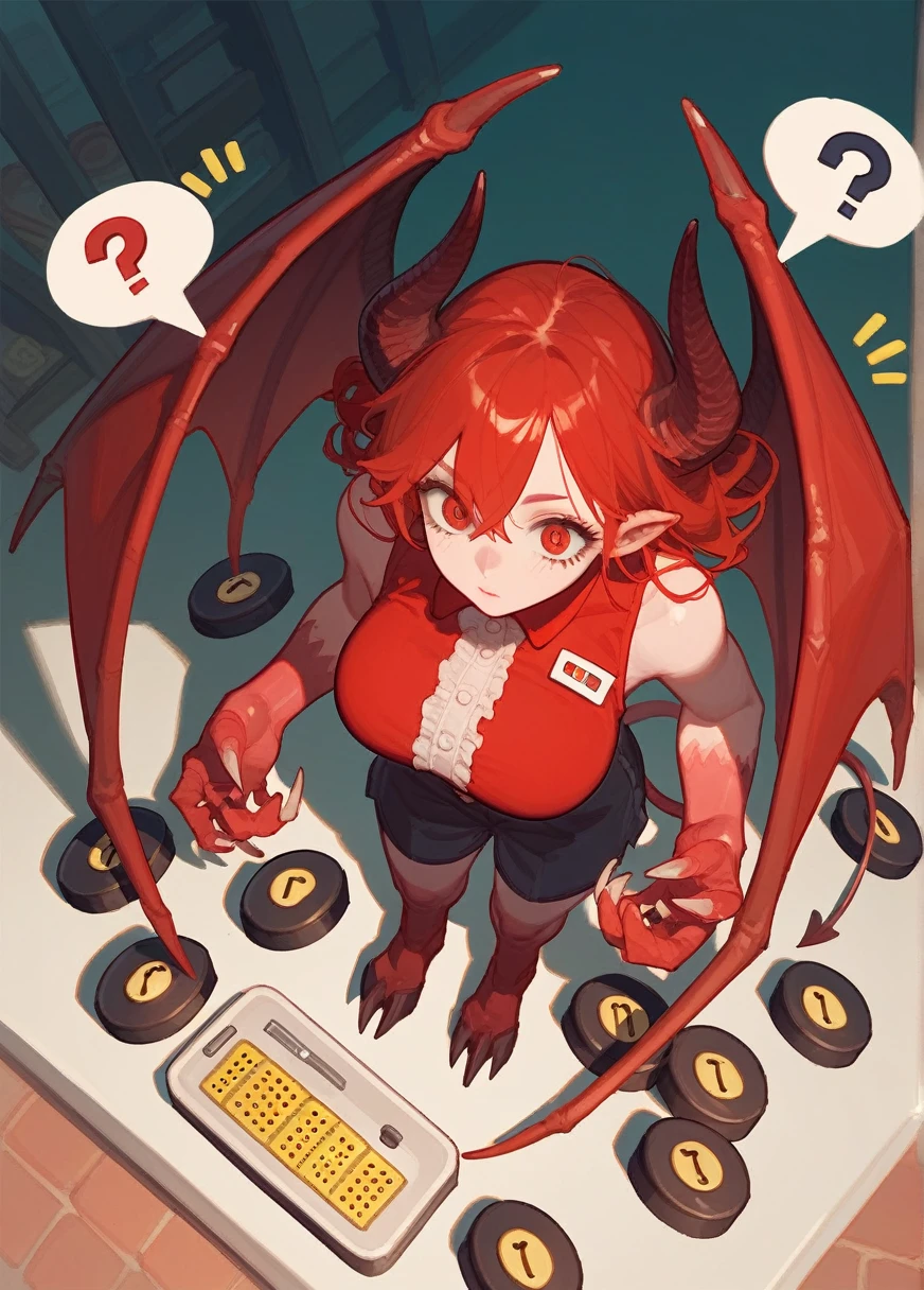 (punctuation_9,punctuation_8_High above,punctuation_7_High above),1 girl,Demon of ,Red hair,Eyes red,wings,claws,Unclothed, with big breasts, and private parts showing