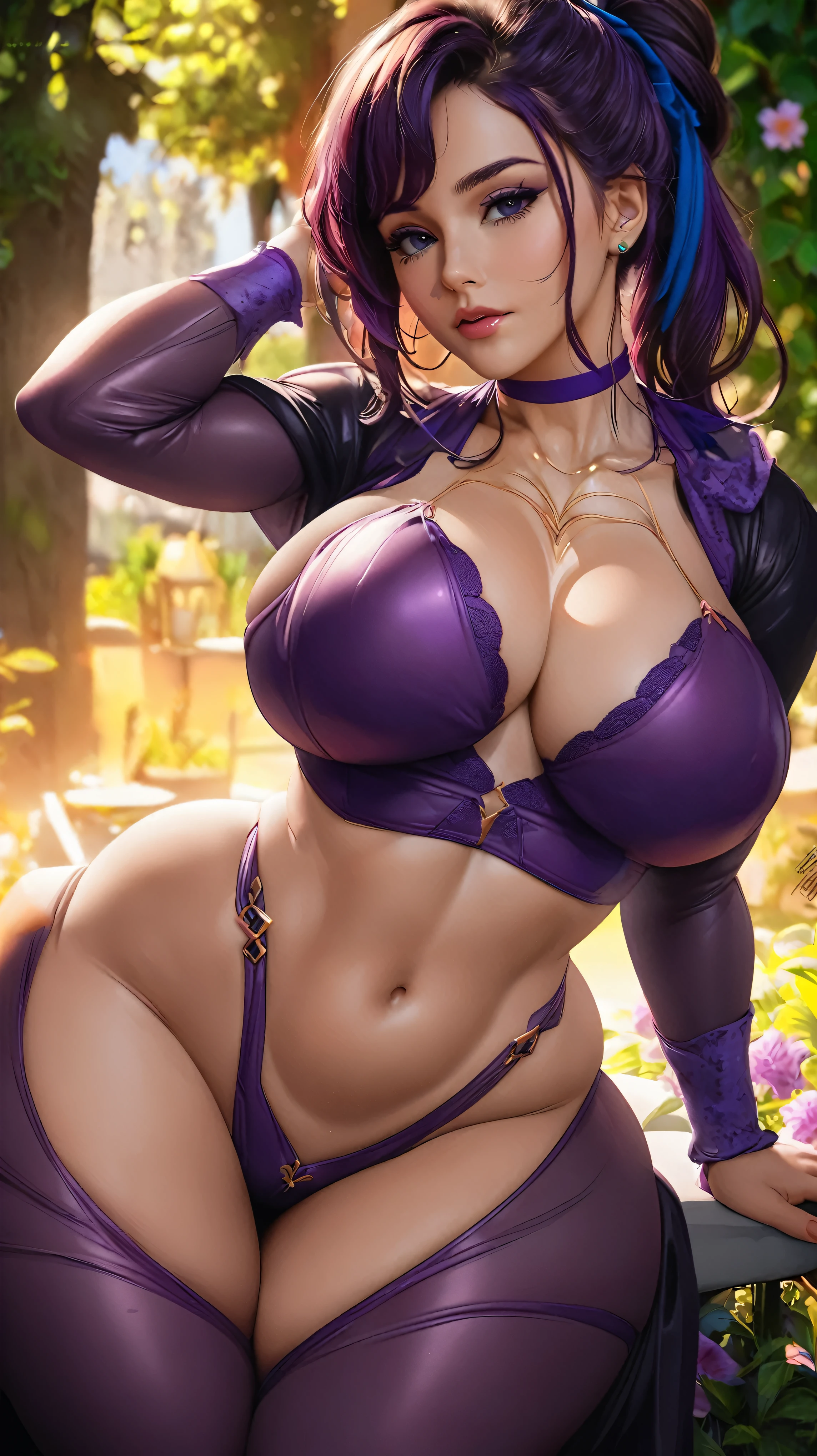 arafed woman in purple lingerie posing outdoors in a garden, thicc, white body, dressed in white, smooth pale skin, some purple, draped in red, range murata and artgerm, voluptuous body, giant stunning goddess shot, alena aenami and artgerm, beautiful curves, seductive anime girl, hyperrealistic full figure