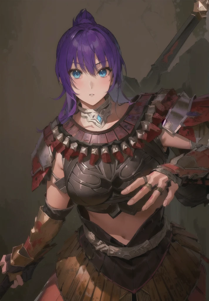 Wearing armor、Anime image of a woman holding a spear, Armor Girl, wearing monster hunter armor, With scaly armor, wearing dark Purple Armor, Purple Armor, wearing monster hunter armor, A very beautiful berserker woman, 2. 5D CGI anime fantasy artwork, Epic RPG portrait, Detailed anime character art, Detailed digital anime art,Three Kingdoms志,Three Kingdoms。big boods,big ,huge ,sex body,Purple Hair,Blue Eyes,Black Leather