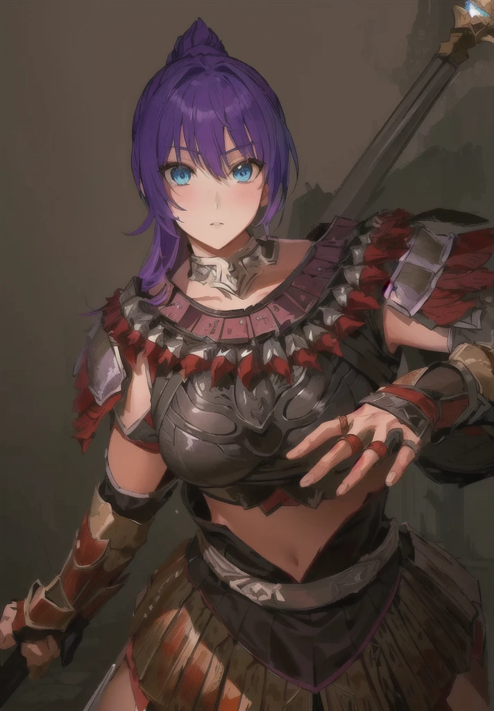 Wearing armor、Anime image of a woman holding a spear, Armor Girl, wearing monster hunter armor, With scaly armor, wearing dark Purple Armor, Purple Armor, wearing monster hunter armor, A very beautiful berserker woman, 2. 5D CGI anime fantasy artwork, Epic RPG portrait, Detailed anime character art, Detailed digital anime art,Three Kingdoms志,Three Kingdoms。big boods,big ,huge ,sex body,Purple Hair,Blue Eyes,Black Leather