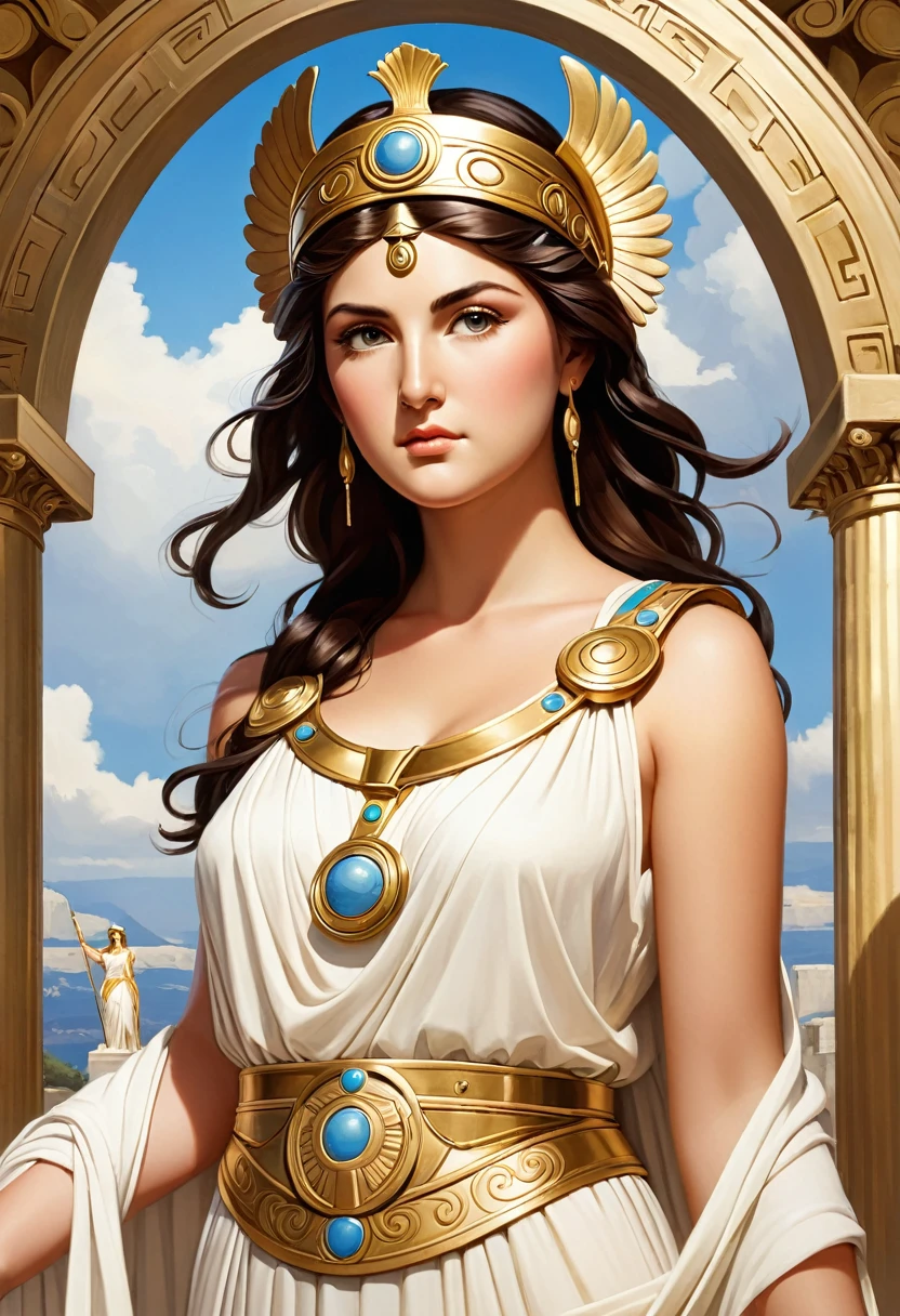 Beautiful Athena is in the center of the image, represented with a serene and wise expression.',
        &#39;Dress a modern outfit that combines contemporary design elements with classic details.',
        &#39;Her dress is elegant, with sober colors and intricate details.',
        &#39;Athena&#39;s face reflects wisdom and serenity, and its central presence in the image makes it the focal figure of the composition.', On the left side of the image, slightly towards the lower left corner, classical columns are found.',
        &#39;These columns are designed with traditional architectural details, such as moldings and capitals, but they integrate perfectly into the modern environment.',
        &#39;The columns add a classic touch to the scene, creating an interesting contrast with the modernity of the rest of the image.',On the right side of the image, slightly towards the lower right corner, contemporary structures are found.',
        &#39;These structures have a modern design, with materials and shapes that reflect contemporary architecture.',
        &#39;The structures complement Athena&#39;s modern outfit, creating visual coherence in the image.',At the top of the image, slightly up, there is a clear sky.',
        &#39;The sky is clear and blue, Without clouds, which adds a sense of tranquility and serenity to the scene.',
        &#39;The clear sky provides a perfect background for the figure of Athena, highlighting its presence in the center of the image.',