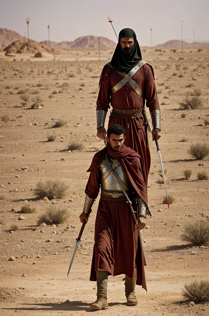 A man standing in a desert thousands of arrows, spears, swords, and mace are in his body and he along with his clothes are very bloody and dusty. Thousands of army in red clothes running towards him to kill him. The mam is wearing white dress and green taqiyah. the desert environment is very bloddy sunny and dusty.