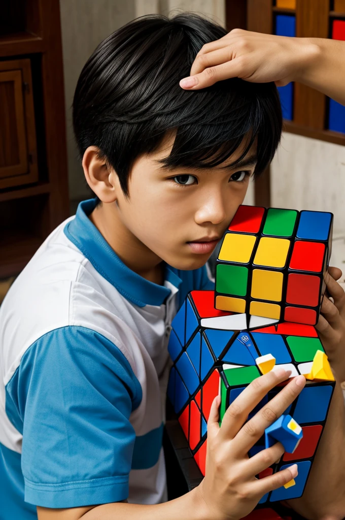 Anime boy play rubik cube in thailand