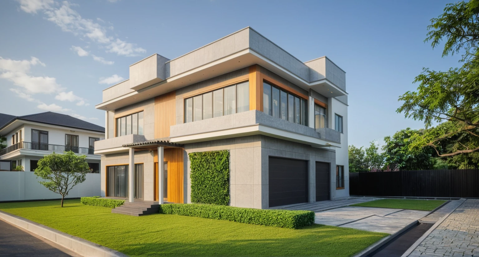 modern villa on street, (daylight), tropical tree, green shrub and plants, vivid color, streetcapes, minimalist design, brigth grey tone, large glass door, warm interior lighting, modern material, best quality, ultra realistic, masterpiece, 17ArchiAI_XL_VL-v1