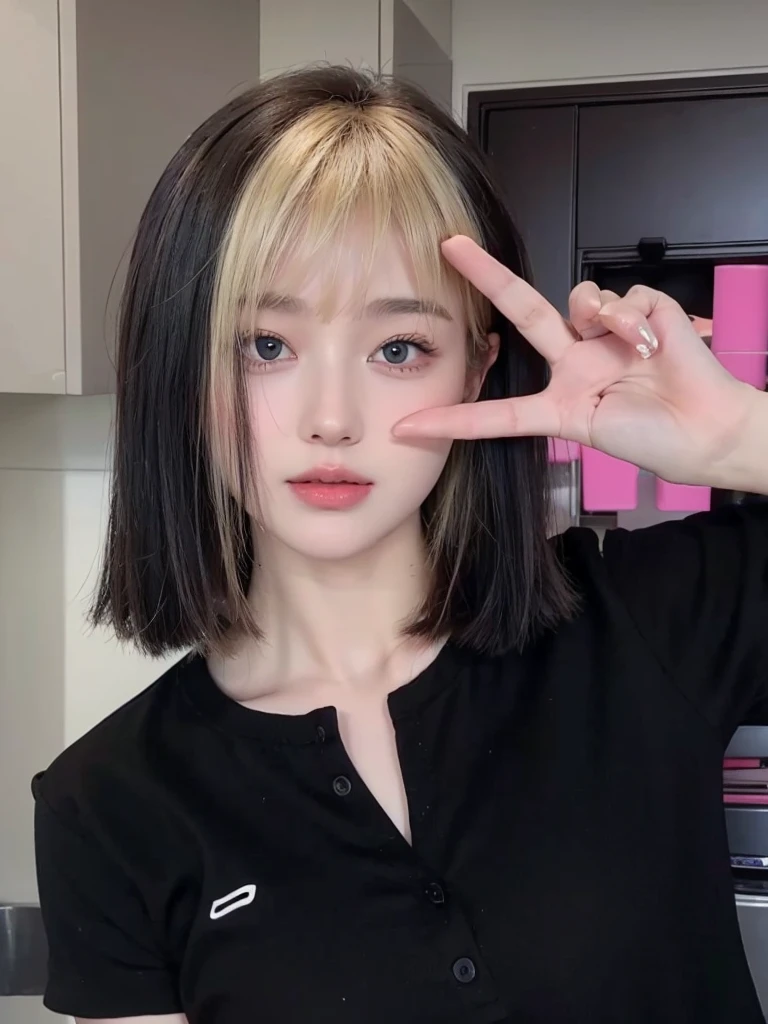 Blonde bangs short hair,Natural and beautiful hair,The background is simple and clean,