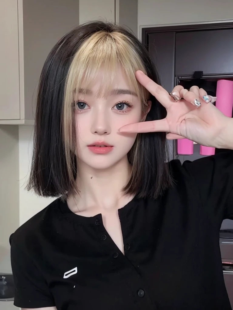 Blonde bangs short hair，Natural and beautiful hair，The background is simple and clean，