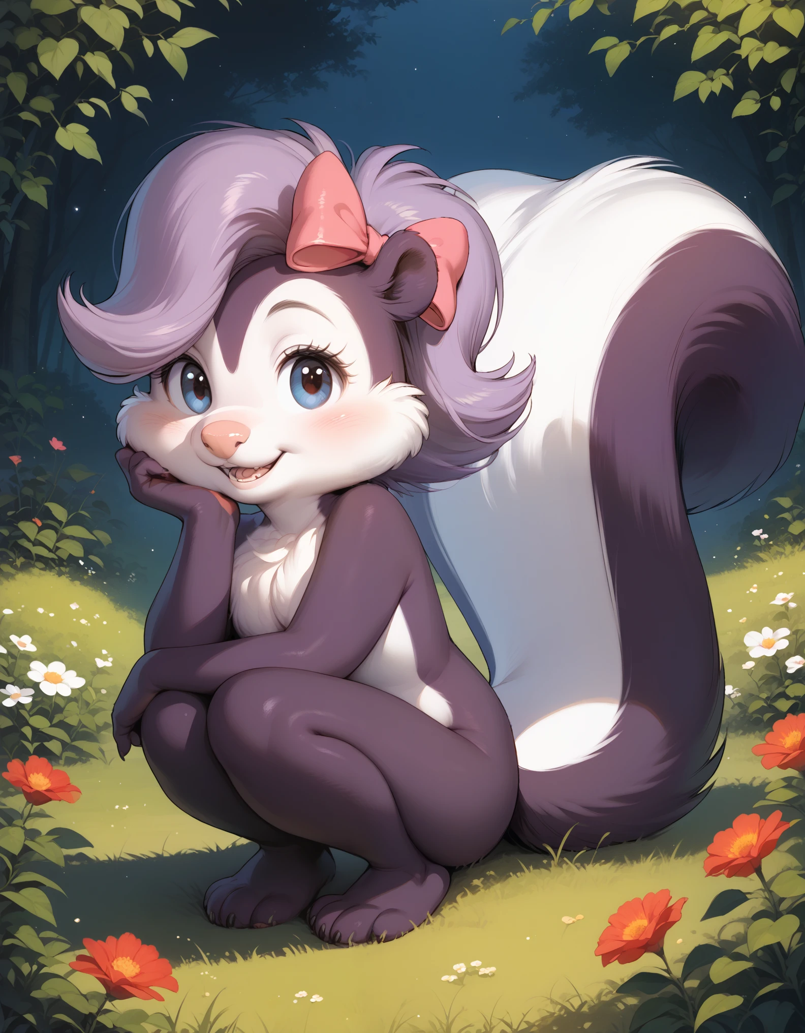 score_9, score_8_up, score_7_up, score_6_up, source_furry, score_safe, fifi, skunk, solo, 1girl, female, sfw, furry, purple body, hair bow, tail, cute, short, beautiful eyes, cartoony, flat color, simple shading, full-length portrait, studio ghibli background, blurred backgroun,