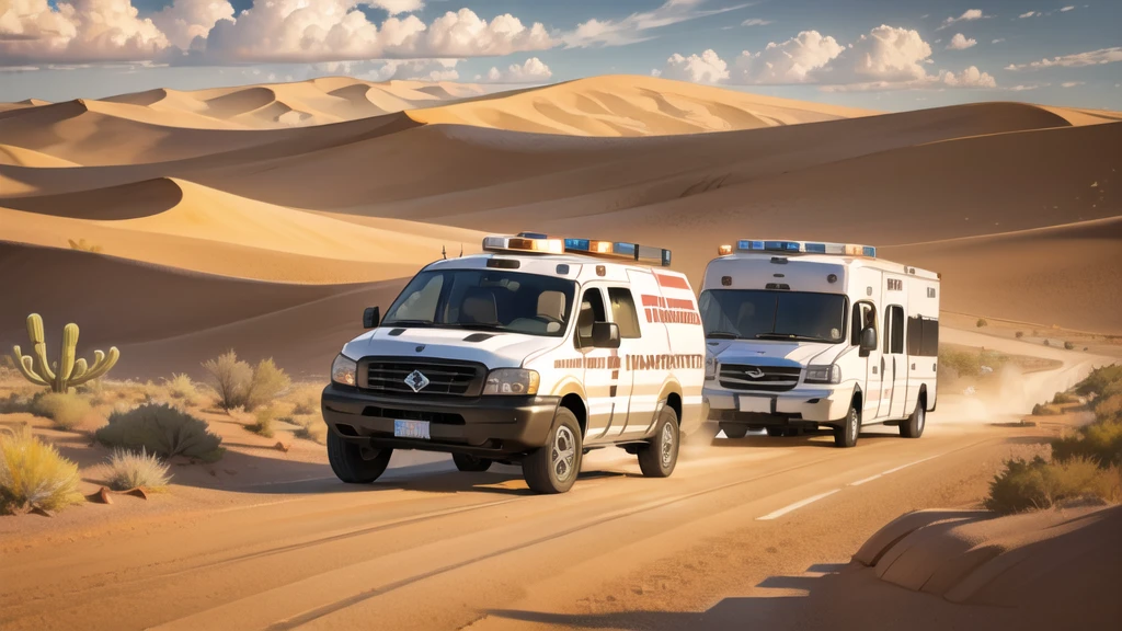 (desert :1.2),road ,(ambulance:1.2) , landscape:1.5