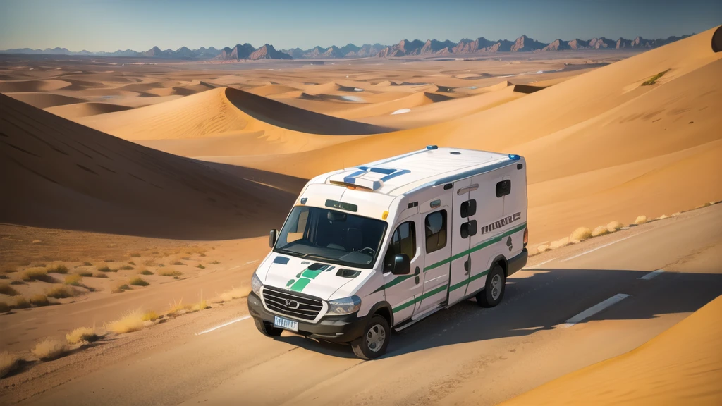 (desert  :1.2),road ,(ambulance:1.2) ,  landscape:1.5