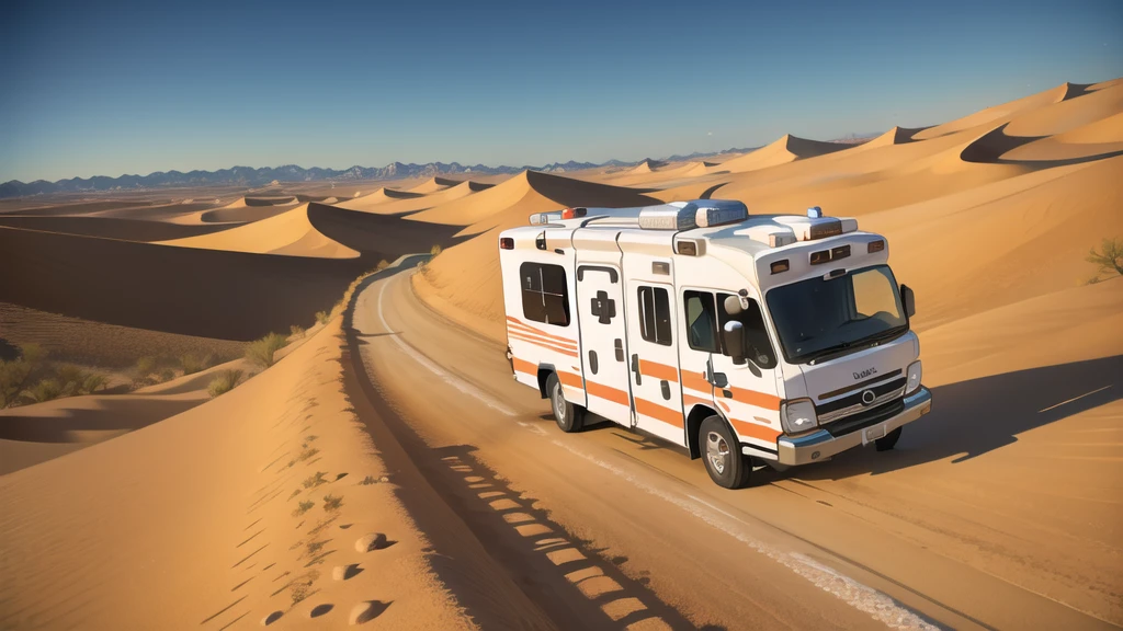 (desert :1.2),road ,(ambulance:1.2) , landscape:1.5