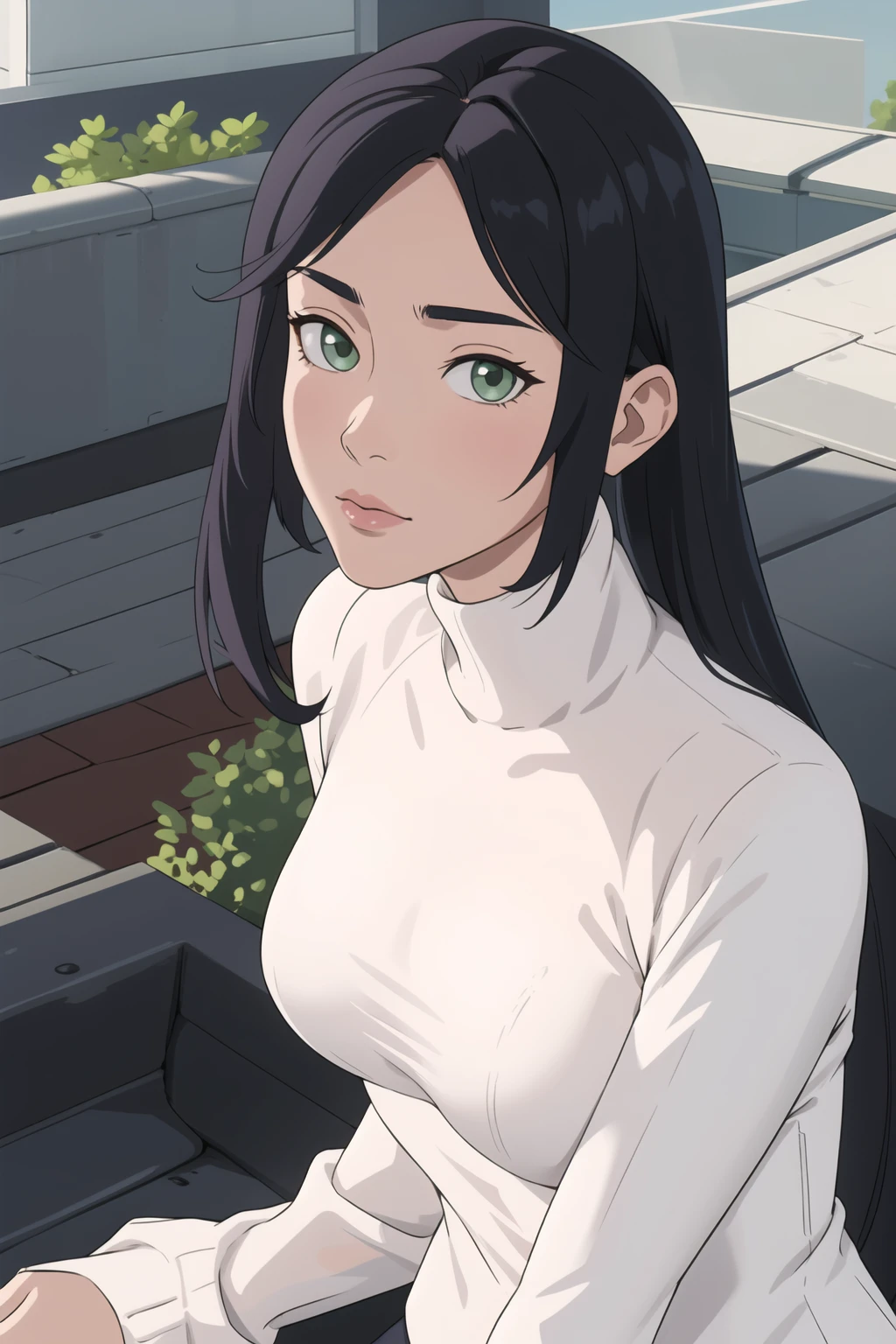 best quality, masterpiece, Mona, (white sweater turtleneck, modest clothing:1.15), green eyes, perky breasts, looking at viewer, upper body, rooftop, sitting, overlooking city