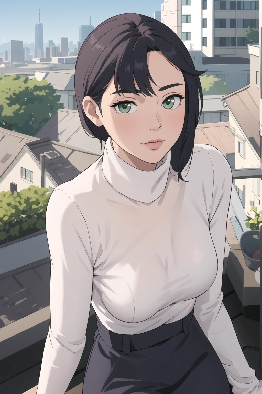 best quality, masterpiece, Mona, (white sweater turtleneck, modest clothing:1.15), green eyes, perky breasts, looking at viewer, upper body, rooftop, sitting, overlooking city