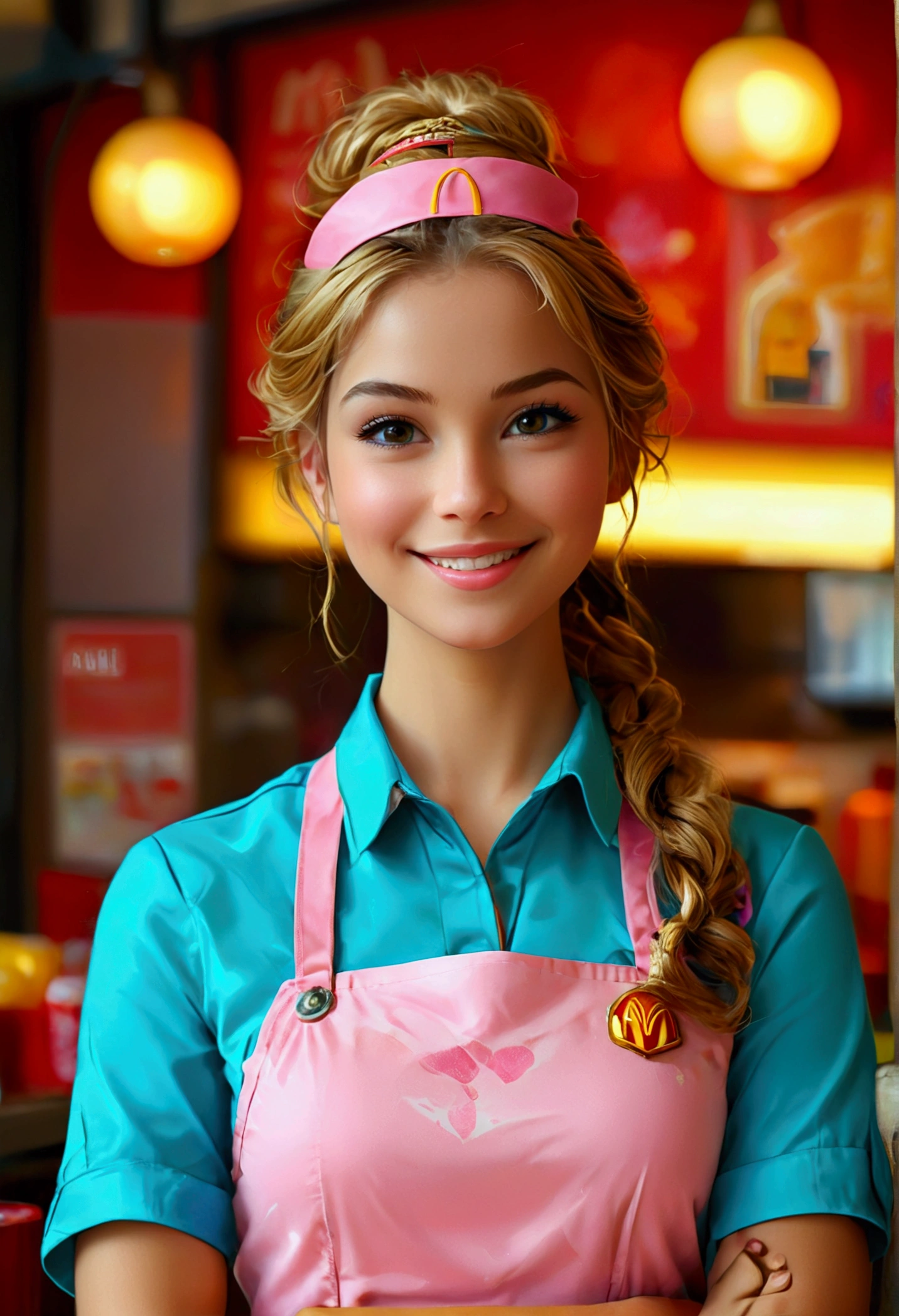 Beautiful McDonald's Employee:

In a striking red and yellow uniform, a radiant young woman stands, showcasing her radiant smile. Her skin is naturally glowing, highlighting her youthful charm. She adopts a poised pose, exuding confidence and warmth. This image is of the highest quality, a true masterpiece in digital art, worthy of being an NFSW 8K wallpaper. The details are astonishing, from the intricate patterns on her uniform to the individual strands of her wavy, honey-blond hair. The background is simple, allowing her to truly stand out. This is an Official art, meticulously crafted in Unity, showcasing an
