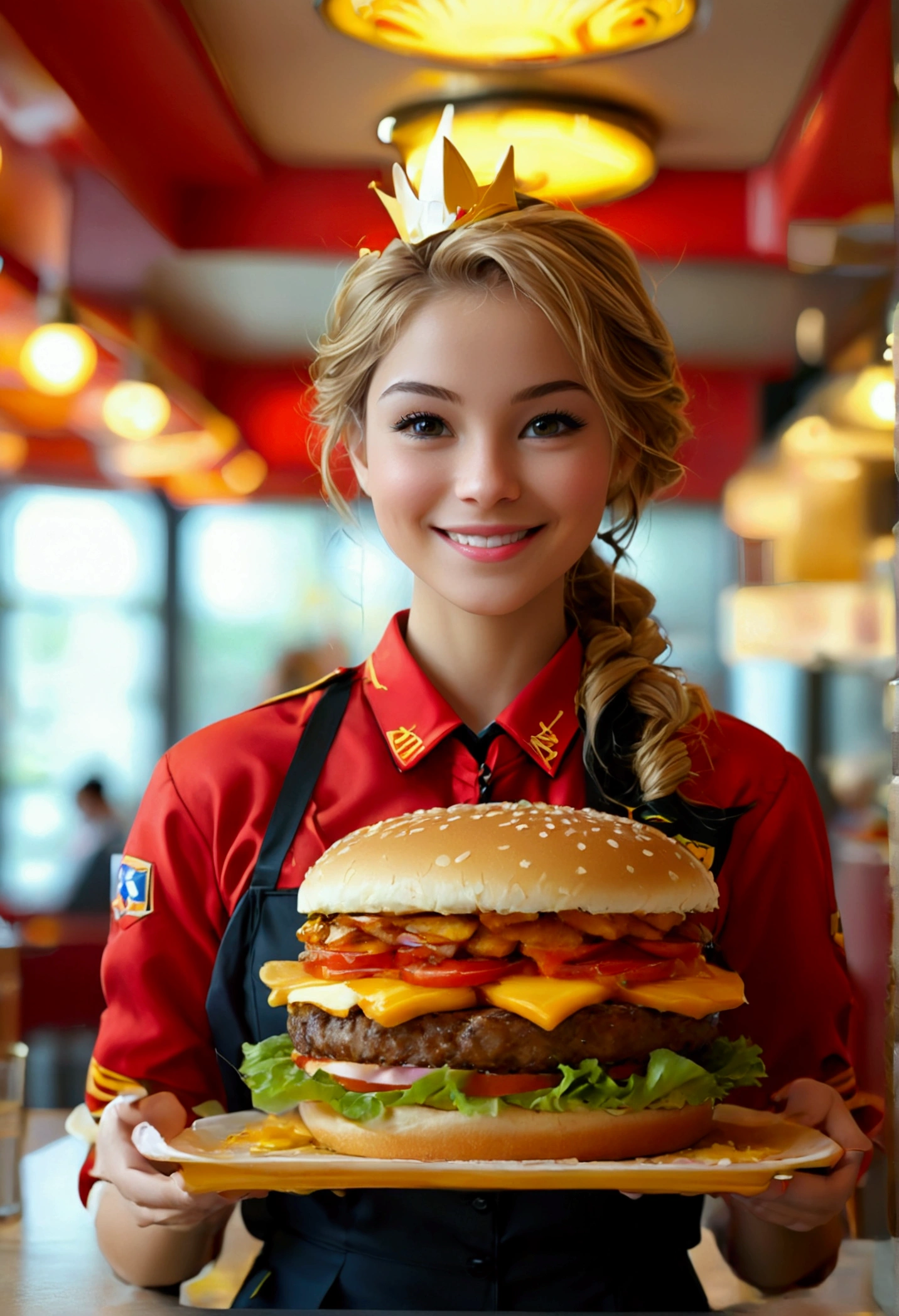 Beautiful McDonald's Employee:

In a striking red and yellow uniform, a radiant young woman stands, showcasing her radiant smile. Her skin is naturally glowing, highlighting her youthful charm. She adopts a poised pose, exuding confidence and warmth. This image is of the highest quality, a true masterpiece in digital art, worthy of being an NFSW 8K wallpaper. The details are astonishing, from the intricate patterns on her uniform to the individual strands of her wavy, honey-blond hair. The background is simple, allowing her to truly stand out. This is an Official art, meticulously crafted in Unity, showcasing an