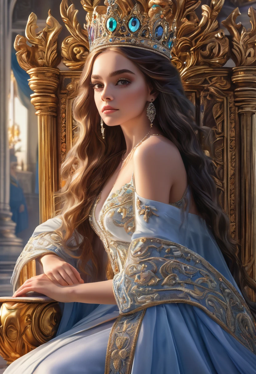 a beautiful queen, elegant royal dress, intricate crown, piercing eyes, enchanting expression, flowing hair, majestic presence, ornate throne, grand palace, dramatic lighting, lavish details, cinematic composition, vibrant colors, oil painting style, photorealistic, 8k, (best quality,4k,8k,highres,masterpiece:1.2),ultra-detailed,(realistic,photorealistic,photo-realistic:1.37)