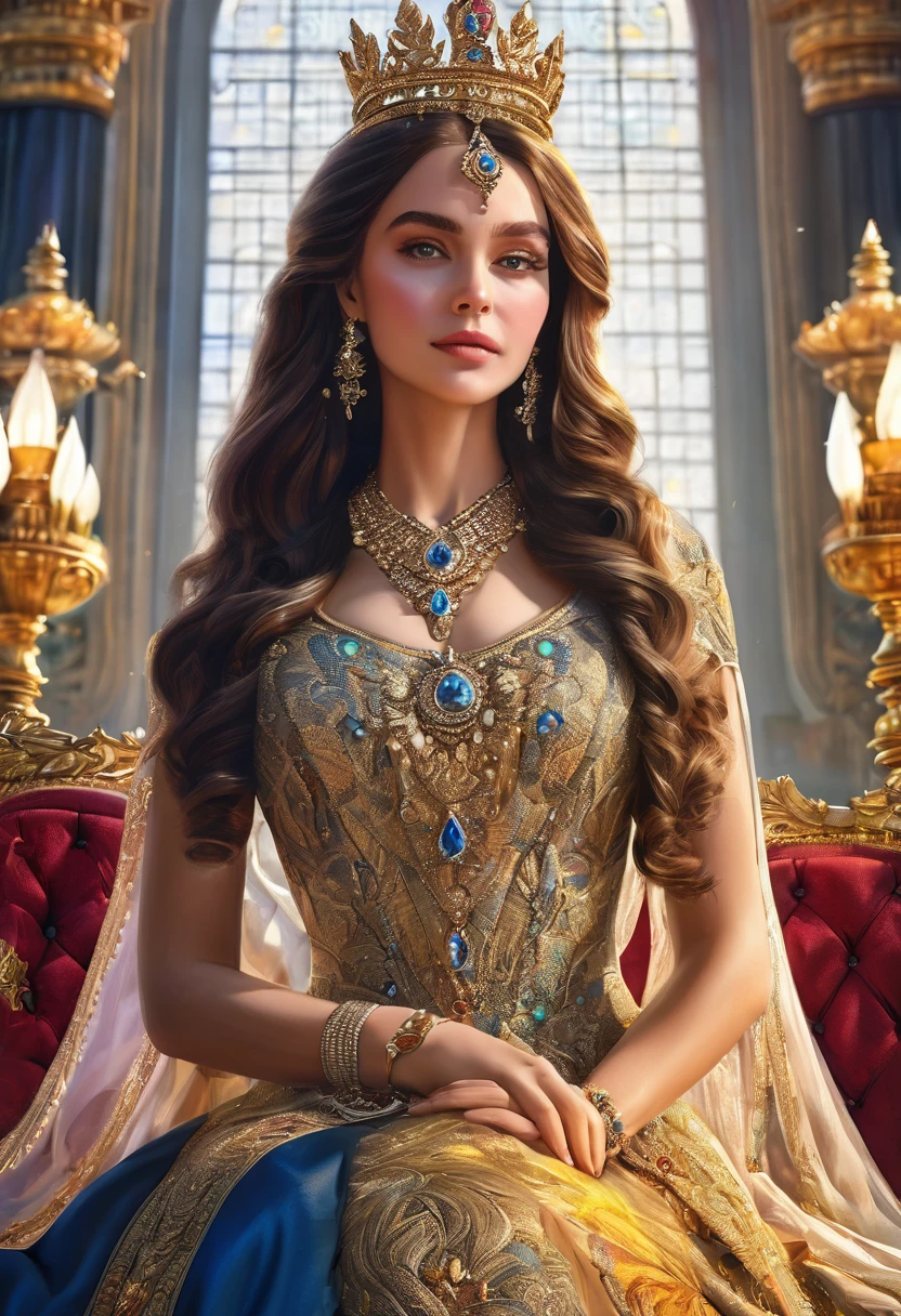 a beautiful queen, elegant royal dress, intricate crown, piercing eyes, enchanting expression, flowing hair, majestic presence, ornate throne, grand palace, dramatic lighting, lavish details, cinematic composition, vibrant colors, oil painting style, photorealistic, 8k, (best quality,4k,8k,highres,masterpiece:1.2),ultra-detailed,(realistic,photorealistic,photo-realistic:1.37)