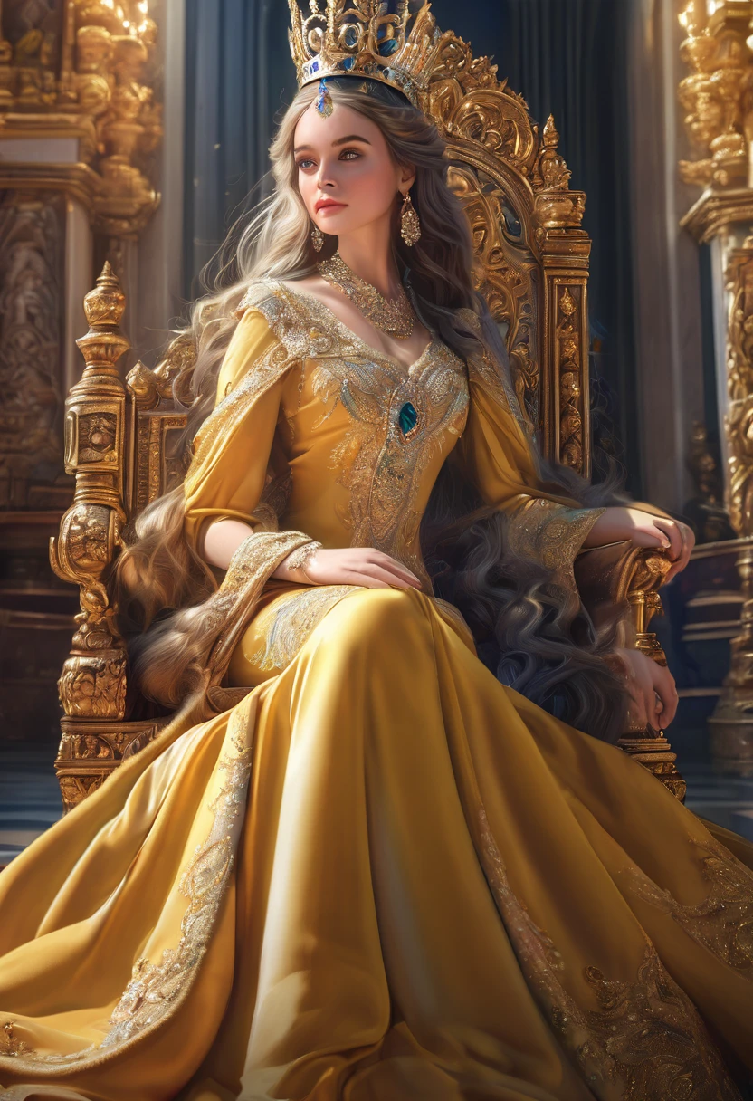 a beautiful queen, elegant royal dress, intricate crown, piercing eyes, enchanting expression, flowing hair, majestic presence, ornate throne, grand palace, dramatic lighting, lavish details, cinematic composition, vibrant colors, oil painting style, photorealistic, 8k, (best quality,4k,8k,highres,masterpiece:1.2),ultra-detailed,(realistic,photorealistic,photo-realistic:1.37)