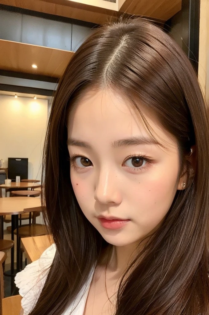 Cafe,One Japanese girl,Brown Hair,Baby Face