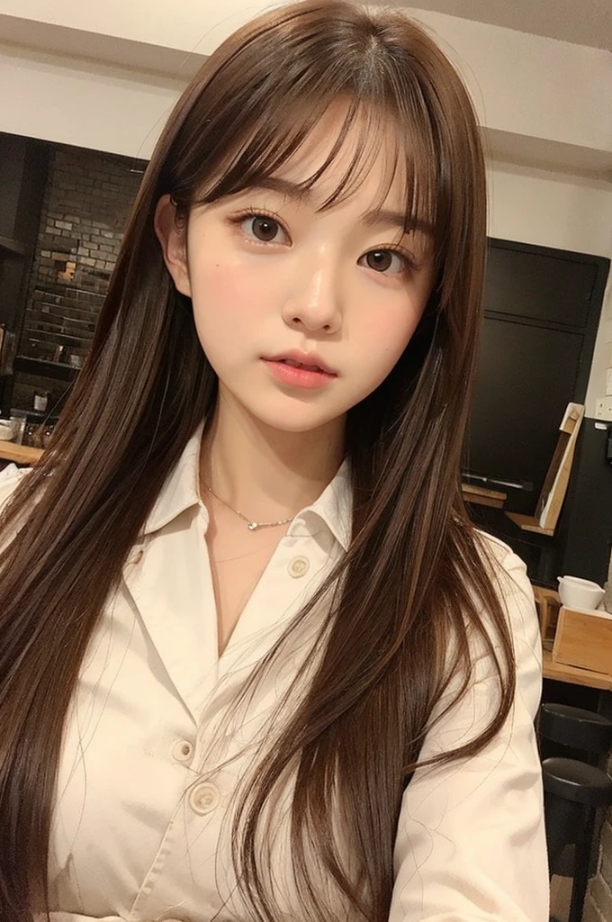 Cafe,One Japanese girl,Brown Hair,Baby Face
