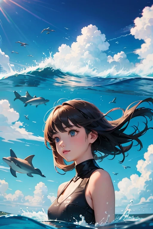 Girl 1 is cute, surrounded by dolphins, has a bright sky and clouds, drawing of dolphins.