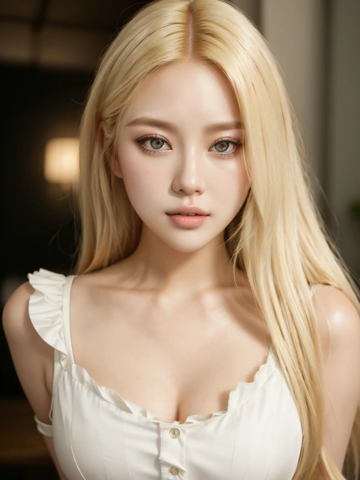 a close-up of a woman with long blonde hair and a white blouse, beautiful south mulher korean, korean, gorgeous young mulher korean, beautiful young mulher korean, long blonde hair and big eyes, beautiful asian girl, parque roseanne de blackpink, Beautiful blonde girl, mulher korean, long blonde hair and big eyes, very light blonde hair, A girl with blonde hair