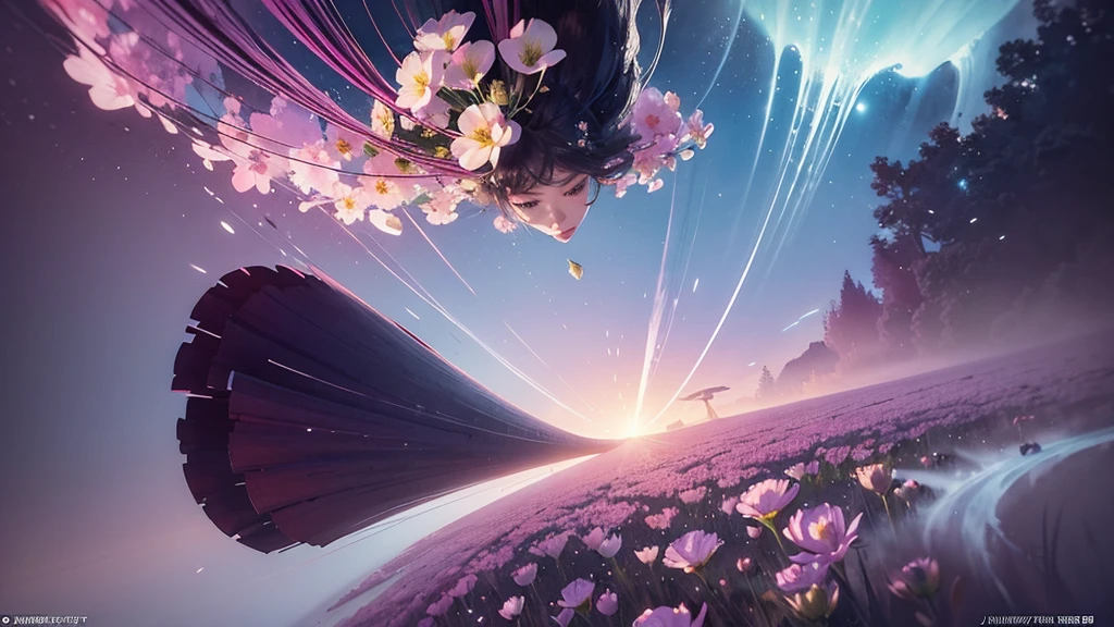 One girl,flower, Lisianthus ,Pale pinkと淡い青のスタイル, A dreamy, romantic piece, Pale pink, Mysterious Leaves, A playful arrangement,Fantasy, High Contrast, Ink strokes, explosion, Exposure, Impression of purple and red tones , Abstract, ((Watercolours by John Berkey and Jeremy Mann )) Brush strokes, Negative Space,
