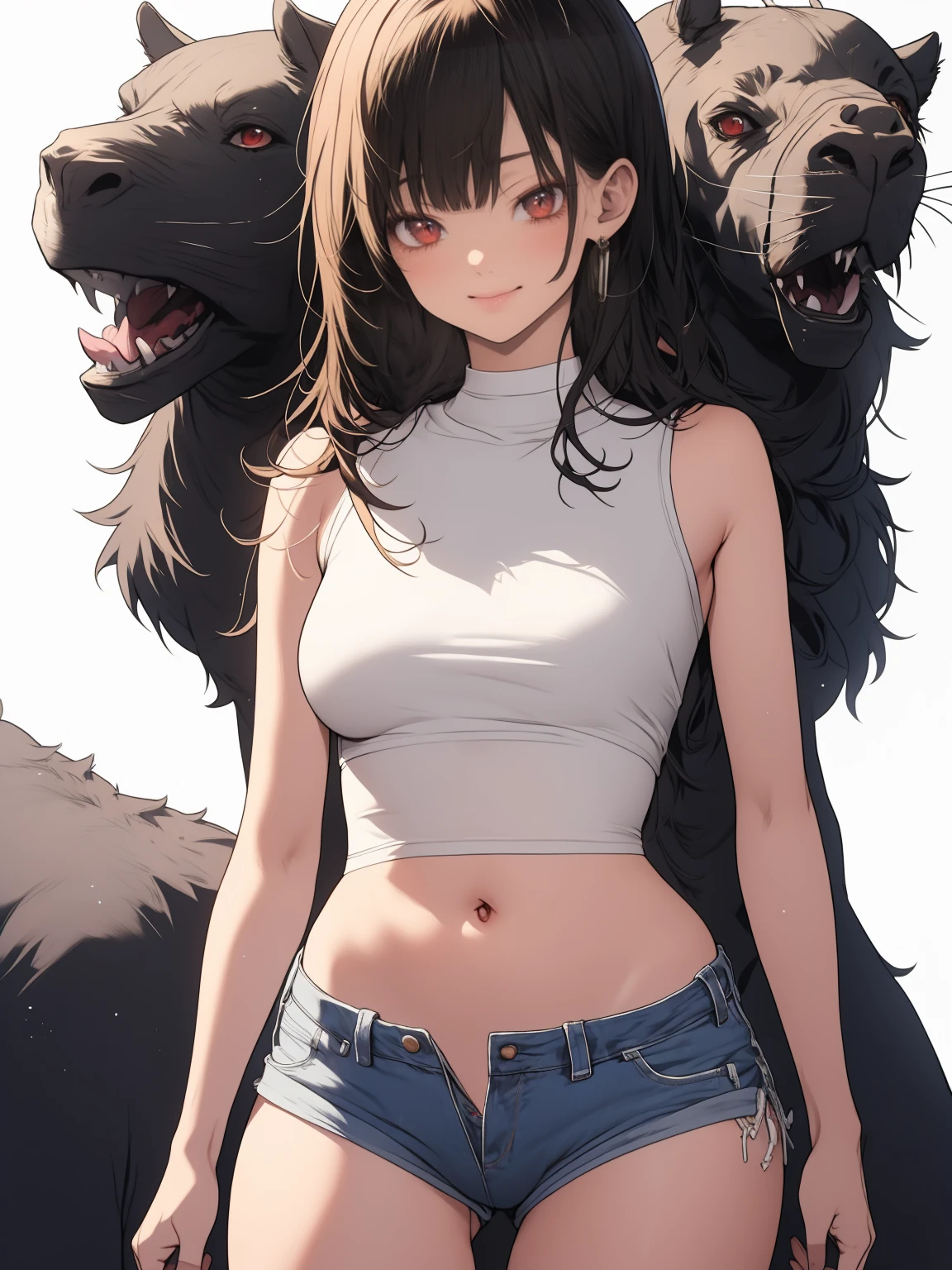 アニメ, アニメ, 2d, 16 yrs old, 16 yrs old, (whole body), very kawaii, ssmile, labia lips, seductive ssmile, standing alone, Scrawny, breasts big, Plain White T-Shirt, very tight shorts, shorts, dynamic angle, no back ground, White background, gazing at viewer, darker shadows, (((absurderes))), (((tight slit))), (((camel toe))), (((sleeveless))),