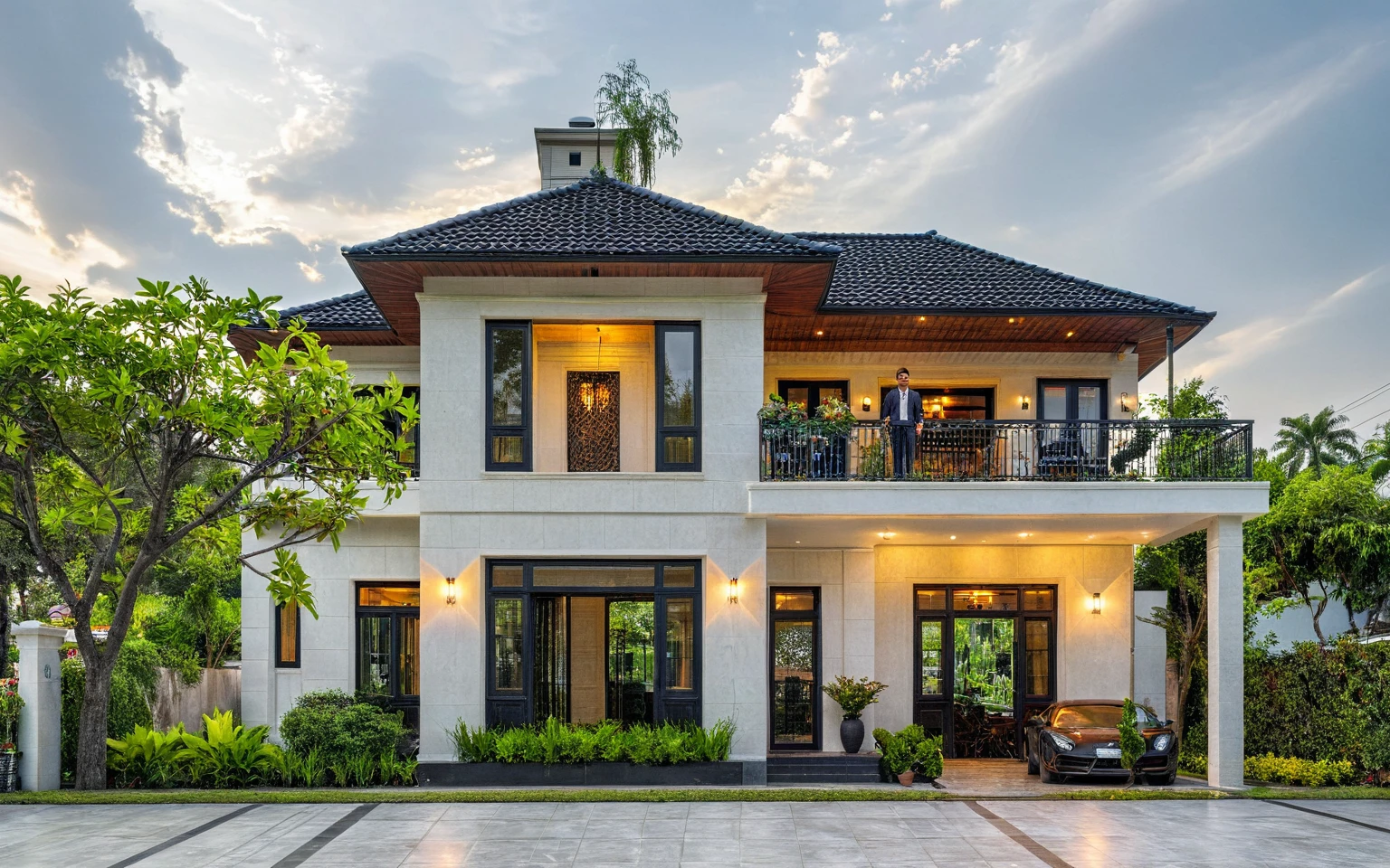 (masterpiece:1.2), best quality, photo of A two-story modern house in VietNam with dark tiles on the roof., (dark granite tiled wall:1.2), neo classic detail, tree and plant environment,daylight, streetcapes, natural light, vivid color, The exterior of an elegant single family home features large windows, a dark gray door frame.