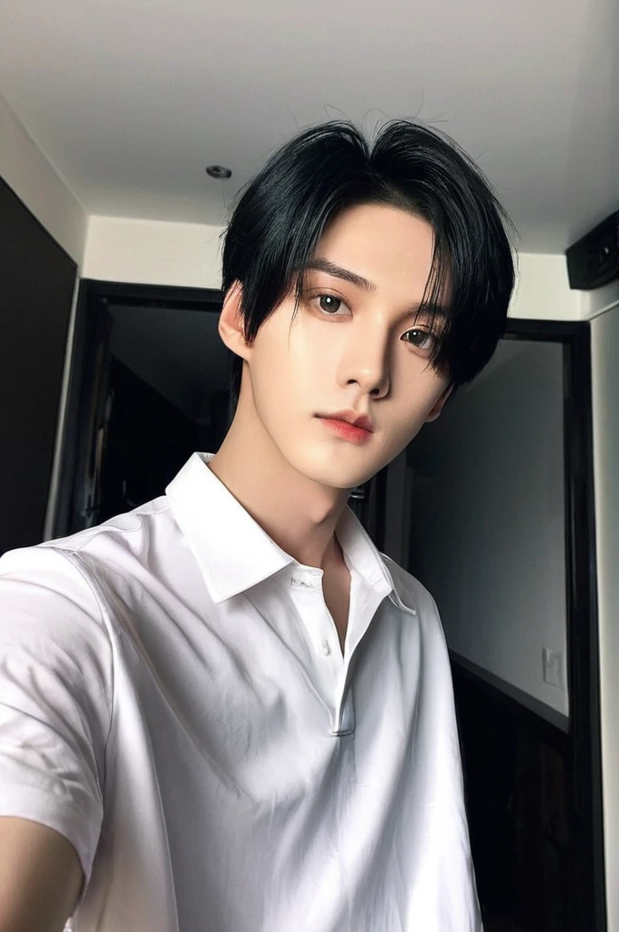 One boy, Young man with black hair (Mash Straight Hair),Male K-Pop Idols, Levi Ackerman, Medium portrait,chop, Beautiful Model, Oval Face, Vivid,Selfie,(In a dark room),The whole body is shown