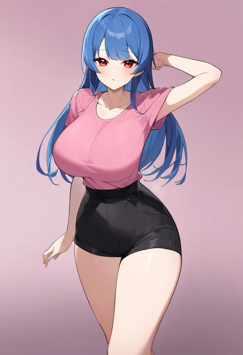 My name is Yukiko.I am a white test woman with long Sky blue hair,red eye color.I am 1.62 cm tall . My breasts measure 200 cm, my waist 40 cm and my hips 200 cm.Dressed in a low-cut pink blouse and short black shorts. With big breasts 200 cm