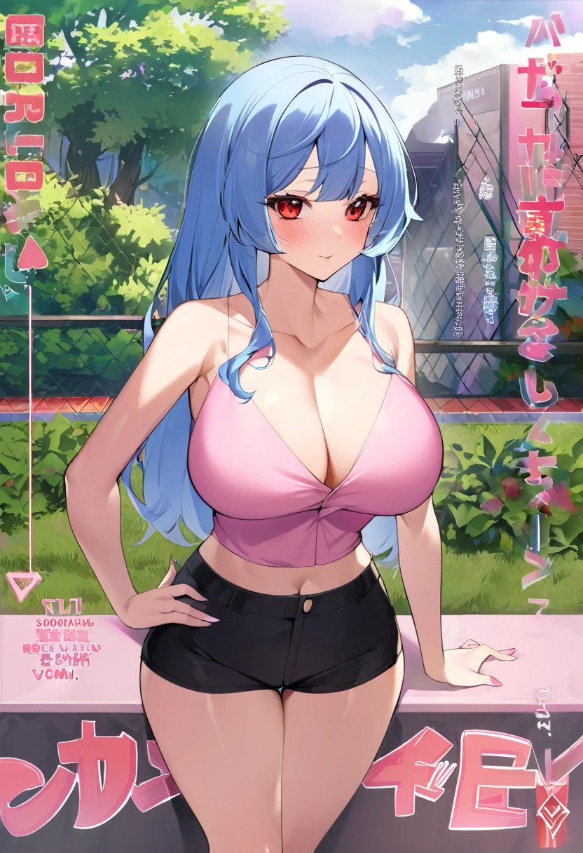 My name is Yukiko.I am a white test woman with long Sky blue hair,red eye color.I am 1.62 cm tall . My breasts measure 200 cm, my waist 40 cm and my hips 200 cm.Dressed in a low-cut pink blouse and short black shorts. With big breasts 200 cm