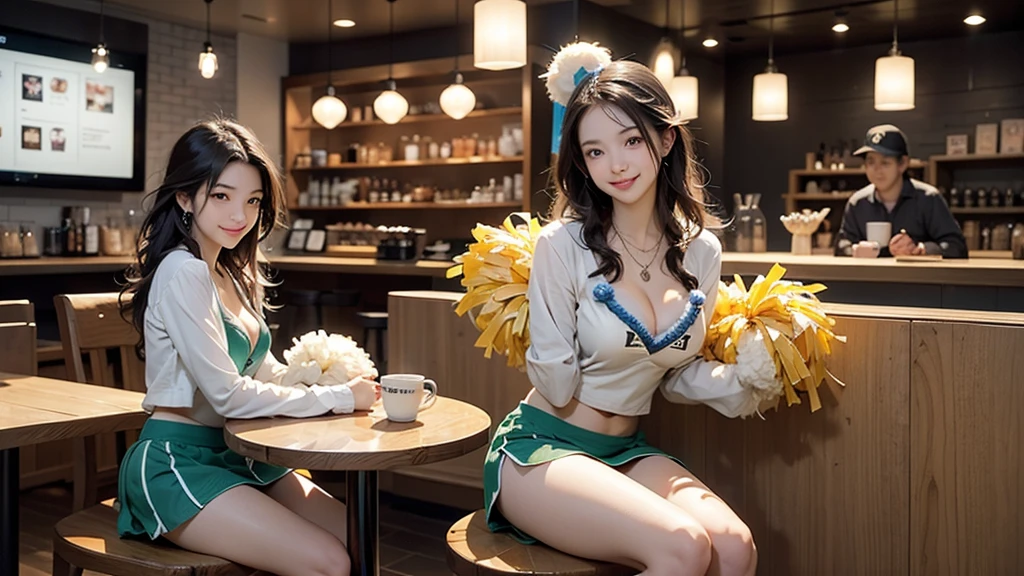 (((((((((Emphasize cleavage))))))))) ((((((((((Cheerleader, pom pom mini skirt, smile)))))))))) (((((((お洒落でcuteInside the Starbucks store))))))) 8K、RAW Photos、Highest quality、Super detailed、Super Resolution、Ultra HD、8K壁紙、Amazing details ((((((tennis racket)))))) (((((((Inside the Starbucks store)))))))、 ((((((Sit down and eat cake、Drink Starbucks coffee、smile))))))、((Heart Necklace)) Modern and sleek design：Interior design using natural materials、Many of the designs are warm and made using wood and metal.。 Large windows：自然光をたっぷり取り入れるためのLarge windowsがあり、Providing a bright and open space。 Green Interior：Potted plants are effectively placed、It creates a relaxing atmosphere。 artwork：Works by local artists、Starbucks-related art on display。 Cozy seating：Cushioned chairs and sofas、Bar sheet etc.、A variety of seating options available。 Open kitchen area：Being able to see how drinks and food are made、We provide peace of mind and transparency。 Unique lighting：Antique lamps and chandeliers、Modern lighting fixtures are used。 Comfortable background music：Relaxing music is playing、A comfortable space is provided。 Wide々Table space：一人でもグループでも使いやすいWide々There is a table with。 Community Table：There is a large table where you can socialize with other customers.。 Seasonal decorations：The decorations are themed according to the season.。 Design with a local feel：The design incorporates the local culture and characteristics.。 Fragrance production：コーヒーの香りが店内にWideがり、A space that satisfies the five senses has been created.。 Conversation with a barista：フレンドリーなConversation with a baristaが楽しめるカウンターエリアがあります。 8K、RAW Photos、Highest quality、masterpiece:1.2、Super detailed、Super Resolution、Ultra HD、8K壁紙、Amazing details、Photorealistic:1.4、Having fun by the water、Full Body Shot、Full body photo、High-resolution RAW color photos、Professional photos、A scene full of emotion、Very detailed and beautiful、Ultra HD、8K壁紙、Amazing details、Huge file sizes、Highly detailed beautiful girls、Highly detailed face Highly detailed eyes、Extremely realistic skin、 Highly detailed fingers, Highly detailed nose, Highly detailed mouth, Perfect Anatomy, Highly detailed background, Highly detailed clothing, Teen, cute女の子, Famous Japanese Idols, cute, Realistic body, Slender, White skin, Glowing Skin, Slim body, Realistic Face, Delicate eyes, double eyelid,