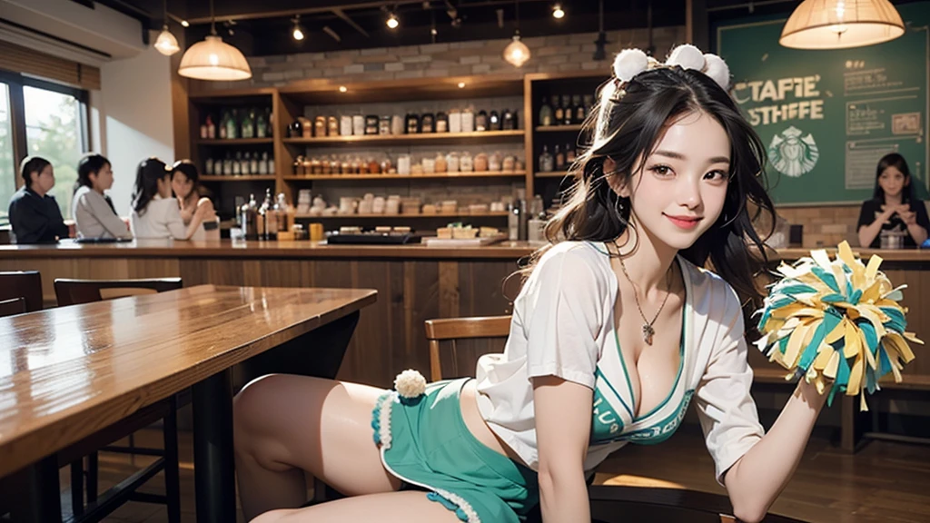 (((((((((Emphasize cleavage))))))))) ((((((((((Cheerleader, pom pom mini skirt, smile)))))))))) (((((((お洒落でcuteInside the Starbucks store))))))) 8K、RAW Photos、Highest quality、Super detailed、Super Resolution、Ultra HD、8K壁紙、Amazing details ((((((tennis racket)))))) (((((((Inside the Starbucks store)))))))、 ((((((Sit down and eat cake、Drink Starbucks coffee、smile))))))、((Heart Necklace)) Modern and sleek design：Interior design using natural materials、Many of the designs are warm and made using wood and metal.。 Large windows：自然光をたっぷり取り入れるためのLarge windowsがあり、Providing a bright and open space。 Green Interior：Potted plants are effectively placed、It creates a relaxing atmosphere。 artwork：Works by local artists、Starbucks-related art on display。 Cozy seating：Cushioned chairs and sofas、Bar sheet etc.、A variety of seating options available。 Open kitchen area：Being able to see how drinks and food are made、We provide peace of mind and transparency。 Unique lighting：Antique lamps and chandeliers、Modern lighting fixtures are used。 Comfortable background music：Relaxing music is playing、A comfortable space is provided。 Wide々Table space：一人でもグループでも使いやすいWide々There is a table with。 Community Table：There is a large table where you can socialize with other customers.。 Seasonal decorations：The decorations are themed according to the season.。 Design with a local feel：The design incorporates the local culture and characteristics.。 Fragrance production：コーヒーの香りが店内にWideがり、A space that satisfies the five senses has been created.。 Conversation with a barista：フレンドリーなConversation with a baristaが楽しめるカウンターエリアがあります。 8K、RAW Photos、Highest quality、masterpiece:1.2、Super detailed、Super Resolution、Ultra HD、8K壁紙、Amazing details、Photorealistic:1.4、Having fun by the water、Full Body Shot、Full body photo、High-resolution RAW color photos、Professional photos、A scene full of emotion、Very detailed and beautiful、Ultra HD、8K壁紙、Amazing details、Huge file sizes、Highly detailed beautiful girls、Highly detailed face Highly detailed eyes、Extremely realistic skin、 Highly detailed fingers, Highly detailed nose, Highly detailed mouth, Perfect Anatomy, Highly detailed background, Highly detailed clothing, , cute女の子, Famous Japanese Idols, cute, Realistic body, Slender, White skin, Glowing Skin, Slim body, Realistic Face, Delicate eyes, double eyelid,