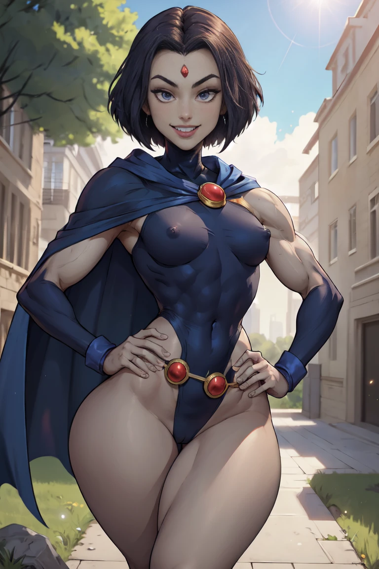 masterpiece, best quality, outdoors, lens flare, light particles, depth of field, 1girl, solo, looking at viewer, ravdc, grey skin, forehead jewel, cape, (leotard:1.3), belt, hands on hips, blue cape, (muscular, thick thighs), smile, hard nipples, (small breasts:1.5)