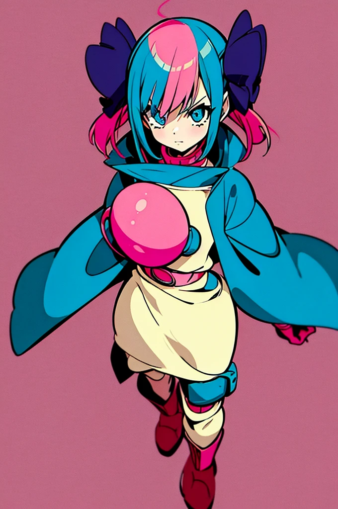  girl Anime Shonen Style Design,retro clothes, bizarre creative design, short bright pink hair, blue sky eyes,  shonen style outfit