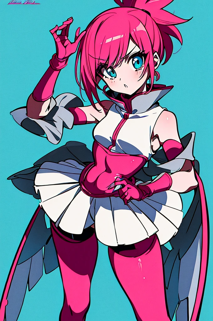  girl Anime Shonen Style Design,retro clothes, bizarre creative design, short bright pink hair, blue sky eyes,  shonen style outfit