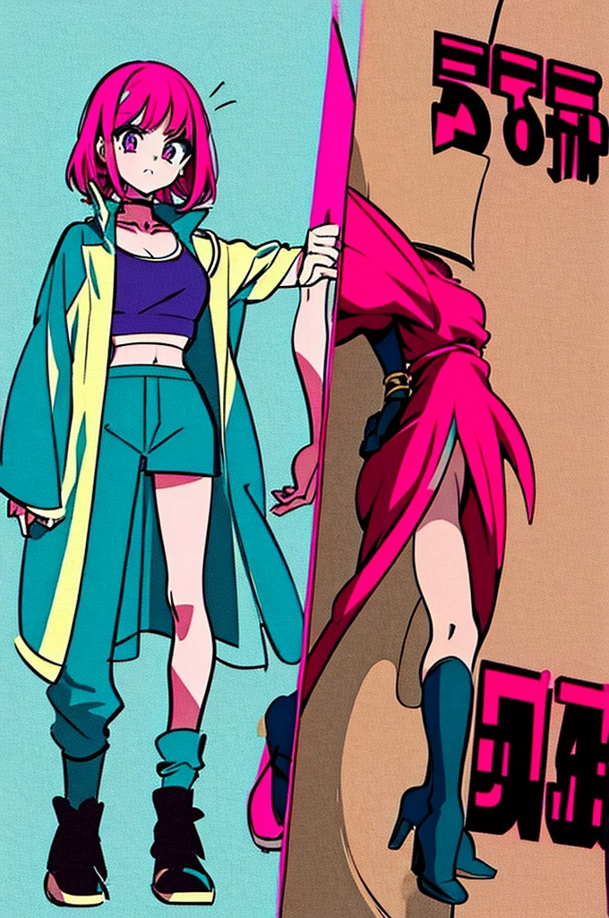 13 year old girl Anime Shonen Style Design,retro clothes, bizarre creative design, short bright pink hair, blue sky eyes,  shonen style outfit