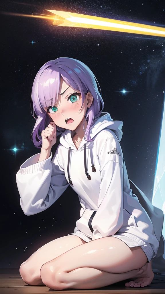 Best quality, Ultra detailed, best quality, insanely detailed, beautiful, masterpiece, 8k, 
break  
Lens Flare,night sky, Streaks of Light,refraction Glowing white lines ,Crossing Light,Shining Background, light particles
break 
angelic kingdom,
break 
1lady, purple hair, medium hair, white mage, (white hoodie:1.2), white witch robe, long witch robe, green eyes, squinched eyes, cold eyes, ultra detailed eyes, pendant ,full body, portlait, (stare at viewer with stern eyes:1.5),(bitting own lip:1.1),(angry:1.2),nose blush,(shamefull:1.2), surprised,  half-closed eyes, jitome,(embarrassed,blush:1.3), ,nsfw,(ecstasy:1.3) ,(slut:1.2),(vulgarity:1.3),(fucked silly:1.1),(steam:1.1),(wet:0.8),(trembling:0.8),(tears:0.7) ,(drooling:0.6),(sweat:0.8), open mouth,(feeling weak:1.5)