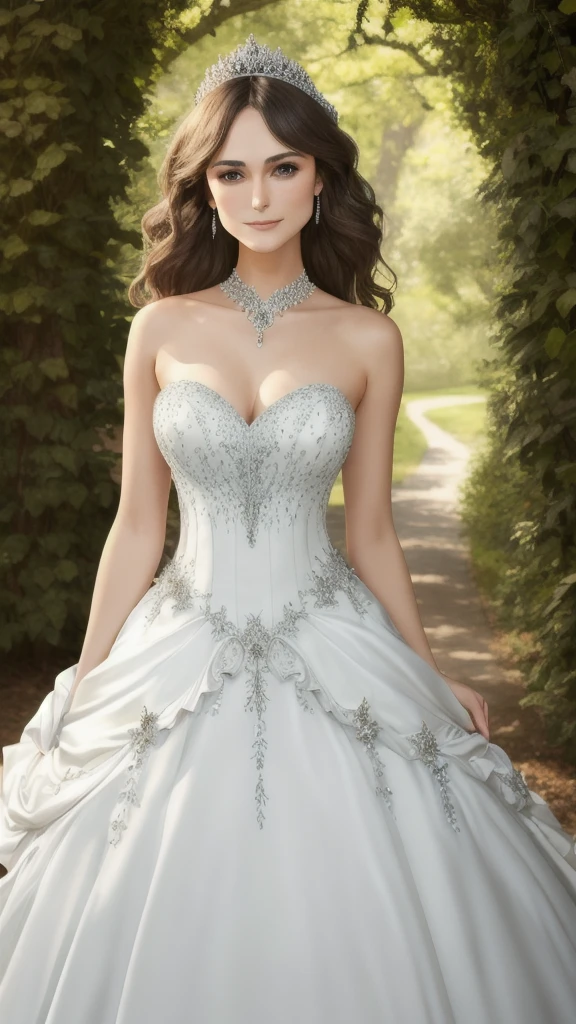 Masterpiece, absurdres, fine detail, HDR, highly detailed face and eyes, photorealistic, smiling, excited,ballgown, keira knightley in a ed and white dress standing in front of a tree , wearing a ballgown,big breasts, detailed face, long eyelashes, colorful eye shadow, colorful makeup, 4k,8k,very tiny waist,full body photography