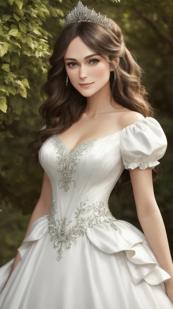 Masterpiece, absurdres, fine detail, HDR, highly detailed face and eyes, photorealistic, smiling, excited,ballgown, keira knightley in a ed and white dress standing in front of a tree , wearing a ballgown,big breasts, detailed face, long eyelashes, colorful eye shadow, colorful makeup, 4k,8k,very tiny waist,full body photography 