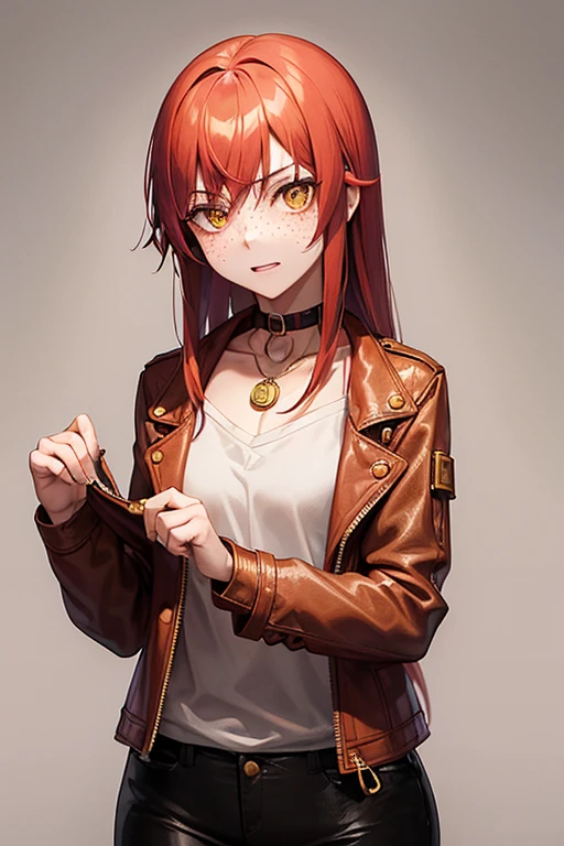 1 23 year old girl,fair skin with freckles on the face , with long red hair, gold cat eyes/ yellow/gold color , wearing a small and delicate choker, with a small pendant, wearing a short brown leather jacket, wearing a blouse, on a dark background, mocking facial squeezing, slim body