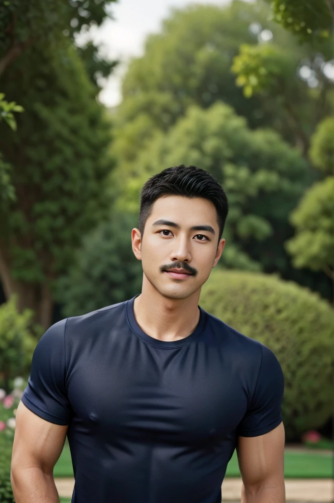 Masterpiece, best quality, high resolution, realistic, handsome, Take beautiful photos, Sayk, NRF, Photo of the 35 year old gym association (The man has a thin mustache.:1.1),Full body, Portrait, standing in the garden , make military media, weight, Amazing , Buzzcut short hair,stubble head , (Hyper Muscle),looking at the audience, Flirt with the camera, charming, (Tight navy blue workout shirt. ),(GS-Male:1), 8K,Bokeh,Portrait,look at the viewer,